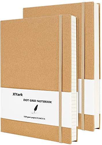 XYark Lot de 2 carnets de notes A5 en papier kraft, couverture rigide, carnet de croquis avec papier à grille pointillée, 120 g/m², 102 feuilles, 14 x 21,1 cm, journal de voyage