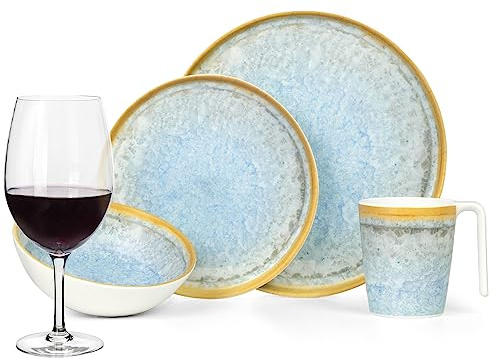 Vaisselle de camping en mélamine pour 4 personnes - Bleu cristal + 4 verres à vin rouge Tiamo - Verres à vin rouge - Vaisselle de table - Pique-nique