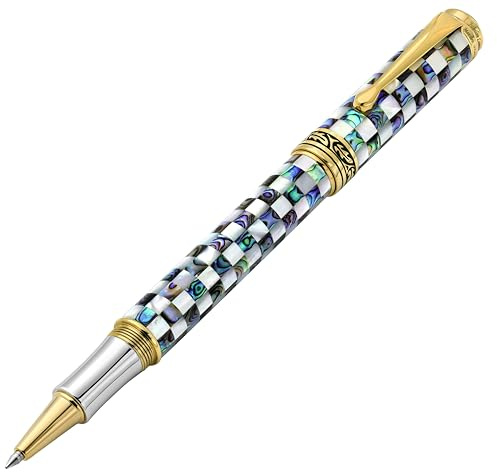 Xezo Stylo roller Maestro Jubilee, pointe fine. Nacre blanche océanique et coquille d'ormeau Pāua irisé. Plaqué Or 18 carats. Seulement 223 pièces fabriquées. Il n'y a pas deux stylos pareils