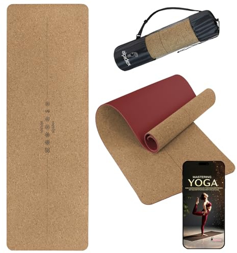 ALPIDEX Tappetino Yoga Sughero TPE 183 x 61 x 0,6 cm E-Book Borsa da Trasporto Antiscivolo Linee Orientamento Fitness Pilates Ginnastica Mat, Colore:Bordeaux