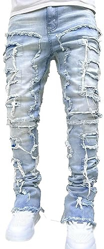 Jeans applicati strappati dritti a zampa, pantaloni jeans skinny da uomo patchwork invecchiati lavati vintage larghi punk denim pantaloni hip hop jeans moda skateboard pantaloni jeans, Azzurro, M