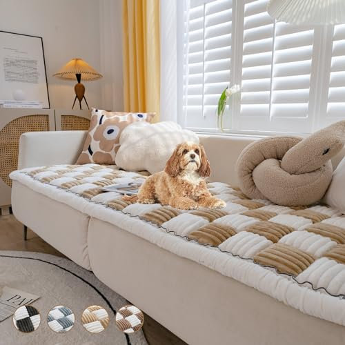 Thicken Plaid Sofa Cover 1 2 3 Seater, Universal Flannel Super Soft Non-Slip Corner Couch Cover L Shape Versatile Pet Bed Mat Chair Pads Sofa Slipcovers for Living Room Garden (Light Coffee, 45*45cm)