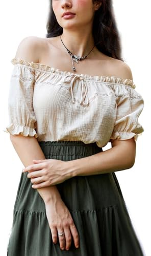 Women's Renaissance Blouse Summer Casual Off Shoulder Short Sleeve Tops Apricot M