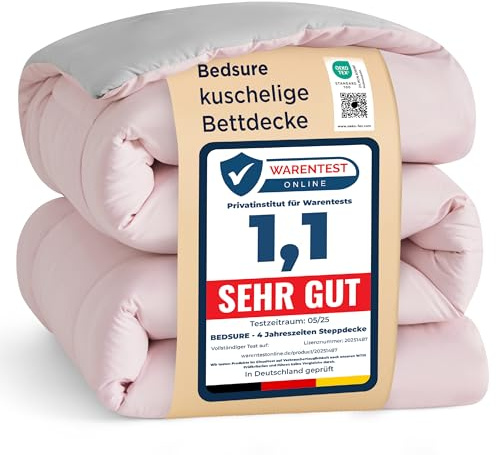 BEDSURE Täcke 155 x 220 året runt-täcke – täcke utan överdrag 155 x 220 cm 300 GSM – 4 säsonger täcken vändbara rosa/grå, mjuk varm filt för allergiker