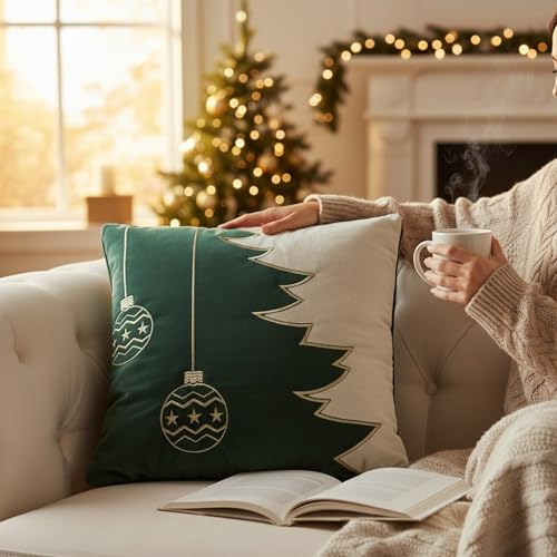 Cuscino Decorativo Natalizio – 45x45 cm – Velluto con Ricami Albero e Palle di Natale – Cuscino Arredo Imbottito e Sfoderabile con Cerniera a Scomparsa – 1 Pezzo (Verde/Avorio)