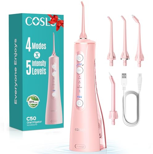 COSLUS C50 Water Flosser for Teeth Cordless: 4 Modes & 20 Levels - Portable Irrigador Dental for Health - Conscious Sensitive Users Gums - Travel Home Use with 4 Jet Tips - Pink