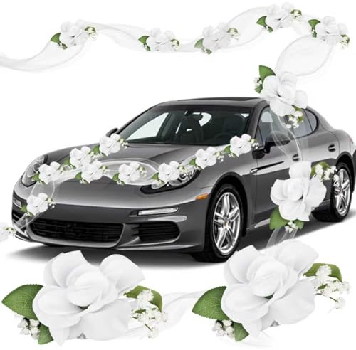 Rzspher Autoschmuck Hochzeit Deko, Autoschleifen Hochzeit Auto Deko, Hochzeitsdeko, Autoschmuck Hochzeit Motorhaube, mit Weißes Schleierkraut, 10 Herzschleifen aus Band, schlichter Schleier 60 cm