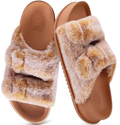 KuaiLu Zapatillas Mujer Fascitis Plantar Sandalias de plataforma Invierno Caliente Punta Abierta Pantuflas Antideslizante Goma Suela Interior Exterior, Caqui EU36