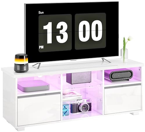 HOMCOM TV Stand Cabinet with LED Lights and Remote Control, TV Unit with Adjustable Glass Shelves, Open Compartments and Cable Holes for Living Room, Holds Television up to 55 Inch, High Gloss White