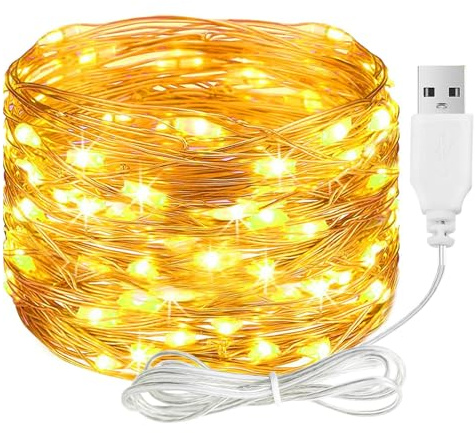 ALEGRE Cadena de luces LED con USB, 4M 40 LED Cadena de luces de alambre de cobre con enchufe, Cadena de luces LED impermeable de color blanco cálido para interior y exterior, Cadenas de luces LED