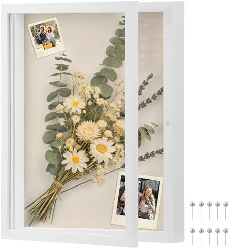 Cornice portafoto 3D da riempire, in legno, 28 x 35,5 cm, con chiusura magnetica, cornice profonda, per presentazioni fai da te, foto, fiori secchi, souvenir, biglietti d'ingresso, medaglie (bianco)