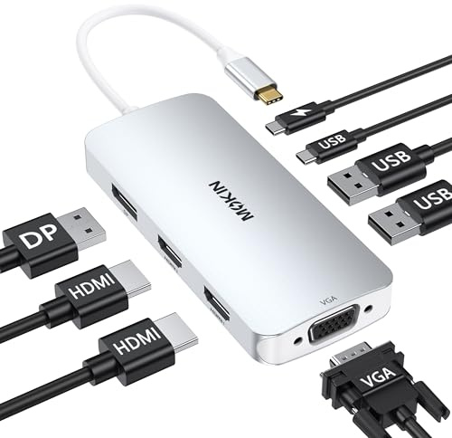 MOKiN USB C Docking Station Dual Monitor for Windows, 2 HDM,DP,VGA(Silver) | 8-in-1 Laptop docking station, Dual 4K HDMI Adapter for 2 monitors, 100W PD Charging, 3×USB 2.0, Multi monitor USB C Dock