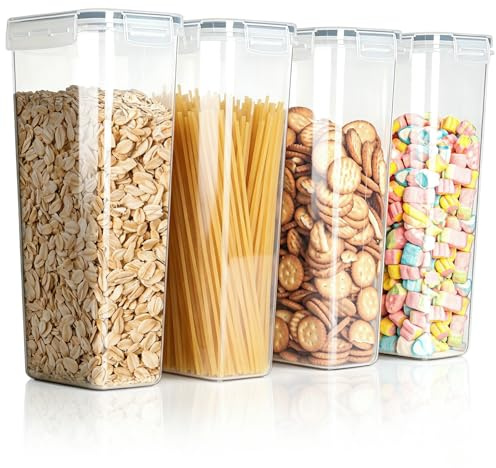 VINATO Set 4 Barattoli Ermetici 2.8L – Scatole Portaoggetti per Alimenti Senza BPA, Trasparenti e Impilabili – con 24 Etichette – Per Cereali, Pasta, Farina