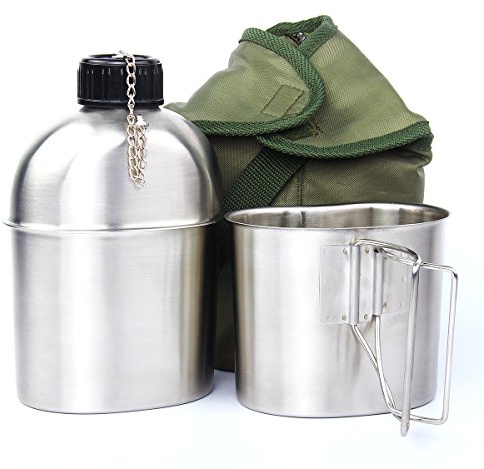 Latinaric 1L Gourde De Cantine En Acier inoxydable Bouteille D'eau Avec 0.6L Coupe Couverture Housse Nylon Vert Armée Militaire