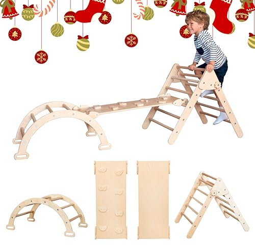 Woodandhearts Montessori Klettergerüst Indoor ab 1 Jahr, Kletterdreieck mit Rutsche, Montessori Kletterbogen 3er Set