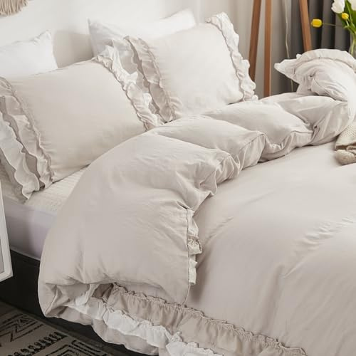 Herside Set di biancheria da letto con copripiumino beige e volant, per letto super king size bohémien, 1 copripiumino e 2 federe (bianco, beige, grigio)