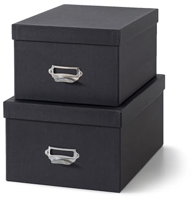 Soul & Lane Black Decorative Cardboard Storage Boxes with Lids, Set of 2 Stacking Keepsake Photo and Memory Boxes for Home & Office, Elegant Paperboard Organizers with Label Holders and Drawer Pulls