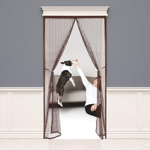 Brown Magnetic Door Screen 85x195cm, Full Frame Magic Tape, No Gap, Retractable Screen Door Heavy Duty - High Density Mesh, Self-Assembly KitPatio Door Fly Screen for Patio Door, Sliding Door