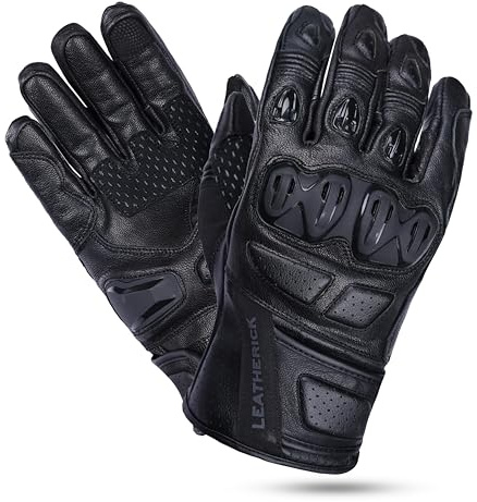 Leatherick Gants de Moto pour Hommes en Cuir véritable Noir certifiés CE avec jointures de Protection, Paume rembourrée avec Curseur TPR et compatibilité avec Les écrans tactiles (Noir, XX-Large)