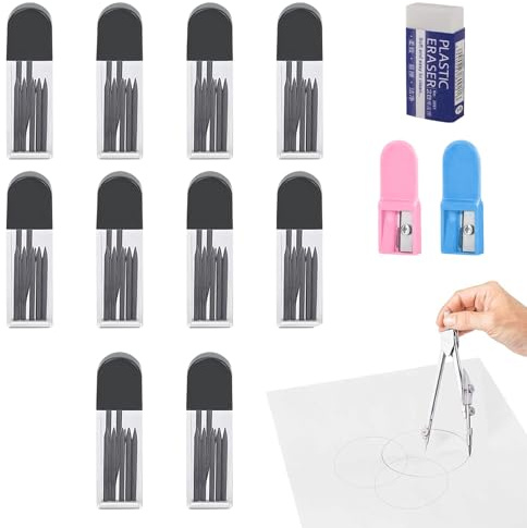 100Pcs Compasso Ricariche, Mine Per Compasso, Compasso Ricariche di Ricambio, Ricambio Per Compasso Da 2mm, con 1 Gomma e 2 Temperamatite, per la Creazione di Disegni Matematici la Creazione del Legno