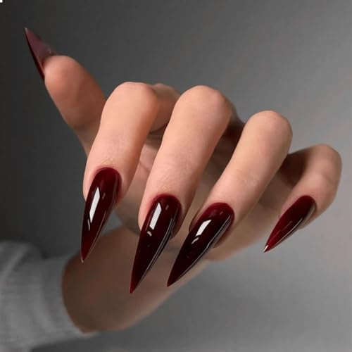 24Pcs Press on Nails, Wsimily Long False Nails Full Cover Adhesive Nail Gel Fake Nails Acrylic Reusable Stiletto False Nails for Women, Gift for Parties & Special Occasions (Dark Red)