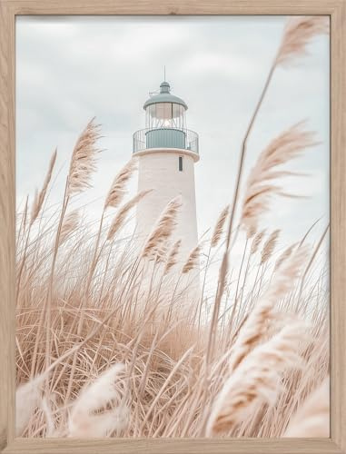 STYLER Wandbild Leading Light 30 x 40 cm – Leuchtturm mit Dünengras – Hochwertiger Offsetdruck im Holzrahmen