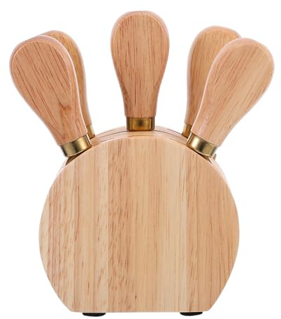FIXOSHEE Juego de Cuchillos para Queso Base de Madera de Roble, Cortador y Espátula de Acero Inoxidable, Tenedor y Untador para Queso, Accesorios para Servir y Rebanar en Cocina, Set