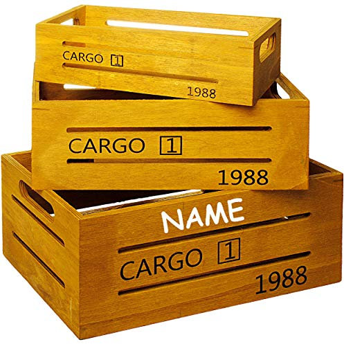 alles-meine.de GmbH 6 TLG. Set Deko Kisten/Holzboxen - Vintage Look - gelb/Ocker braun - Cargo 1988 - inkl. Name - groß - mittel - klein - Holzkiste - aus Holz - Utensi..