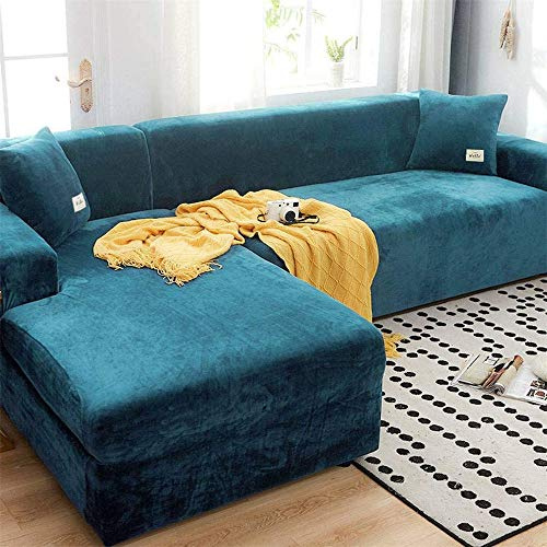 LINGKY Sofabezug Ecksofa L Form Stretch Samt Sofa Überzug Universal Couchbezug Für 1/2/3/4 Sitzer Waschbar Sofa Überwürfe (L Form Ecksofa Erfordert Zwei) - Sofabezug 3 Sitzer, Pfauenblau