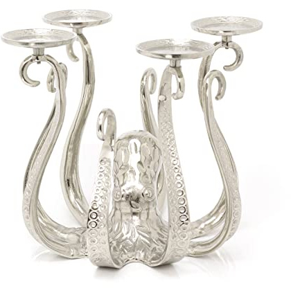 Unique Extra Large Octopus Candle Holder | Silver Metal Octopus Candelabra | Octopus Candlestick 4 Pillar Candle Holder