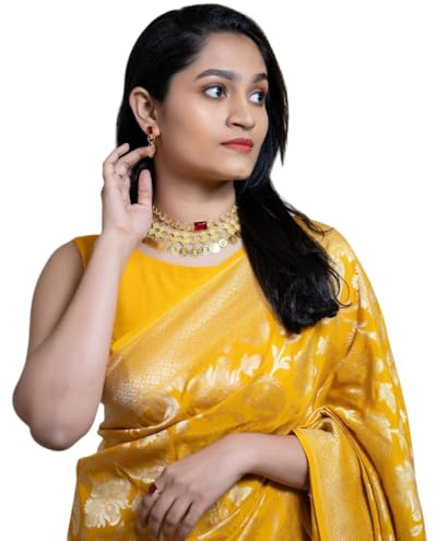 Flosiv dam present Banarasi mjuk Lichi silke sari vacker Jacquard rik Pallu design arbete Zari vävd Kanjivaram silke stil sari med mjuk Lichi siden blus del, Gul, One Size