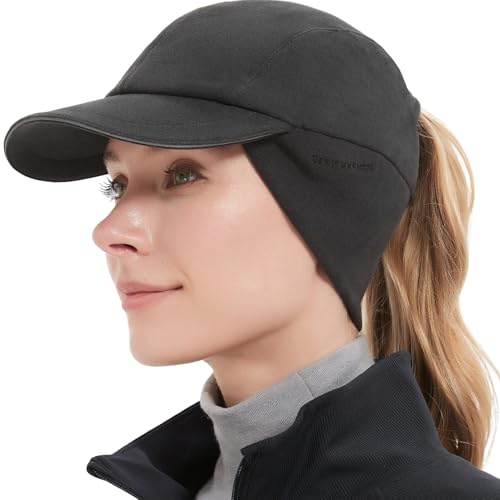 GADIEMKENSD Winter Fleece Hats Reflective Ponytail Hat for Women Baseball Caps with Earflap Drop Down Ear Warmer Mens Skull Cap Beanie with Visor Cold Hat for Outdoor Hiking Running Snow Ski Dark Gray