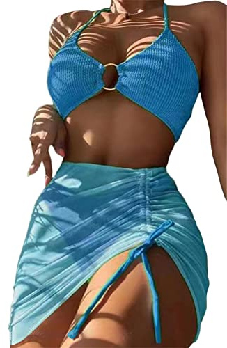 ORANDESIGNE Ensembles Maillots Trois Pièces Femme Bikini Push Up Halter Maillot 3 Pièces Bandage Réglable Maillot de Bain Taille Basse Bas de Bikini Jupe Plage A Bleu XL
