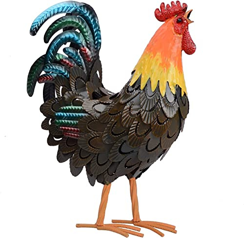 Rooster Statues Garden Decor, Indoor Metal Chicken Sculpture Yard Art for Outdoor Farm Patio Lawn Back Yard Home Decorations (Brown)