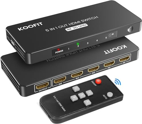 Sdoppiatore HDMI 5 in 1 Automatico Multiconnettore 4K con Telecomando, Commutatore HDMI 5 Porte Supporta 4K 3D UHD per PS5, PS4, PS3, DVD, Blu-ray, Xbox, PC, TV