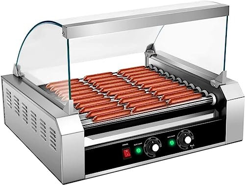 Maquina Perritos Calientes Máquina Comercial De Rodillos For Perros Calientes, Parrilla De Salchichas De 11 Rodillos De 1400 W, Ajuste De Temperatura De 0-250 °C Y Cubierta De Vidrio Templado, Rodillo