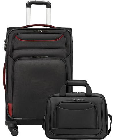 COOLIFE Koffer Trolley Koffer Reisekoffer von 4 Rollen Stoffkoffer Handgepäck TSA-Schloss Der Koffer Enthält 1 Große Umhängetasche (Mittlerer Koffer-Set 2tlg, Schwarz+Rot)