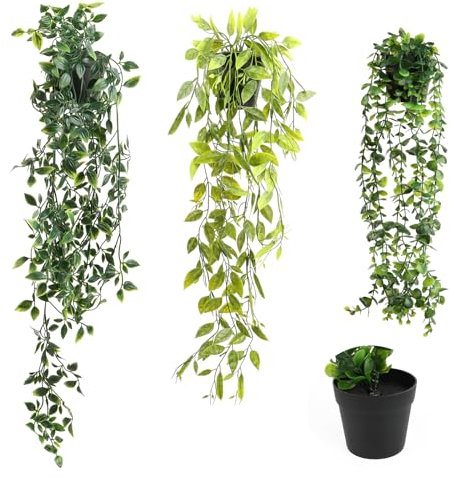 VFANDV Plantas Artificiales Colgantes 3 Piezas, Plantas Colgantes Hiedra Verde Artificial con Macetas Interior Plantas Artificiales Decorativas para Sala de Estar Balcón Jardín (Verde + Amarillo)