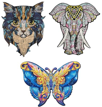 Holzpuzzle Tiemotiv Puzzle aus Holz für Erwachsene und Kinder ab 6 Jahren (Set:Elefant+Katze+Schmetteling)