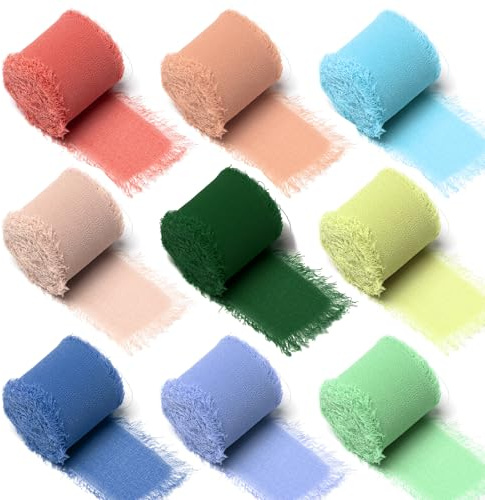 Sxutop 9 Rollos Cintas de Gasa Deshilachada Cintas de Gasa con Flecos Hecha a Mano Cinta Seda gasa Cinta Tela Seda para Regalos, Bodas, Ramos y Decoración del Hogar, 4cm x 5m (9 Colores)