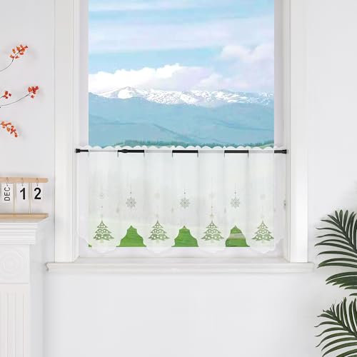 Delien Voile Scheibengardinen & Kurzstores mit Ösen für Küche Transparente Bistrogardinen Modern Gardine »Weihnachtsbaum« Klein Fenster Kurz Vorhang BxH 90x30cm,Weiß