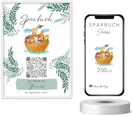 Geldgeschenk zur Taufe | Personalisiert | Digitales Sparbuch | QrCode Bild | Arche Noah (13x18cm Fotopapier, ohne Bilderrahmen)