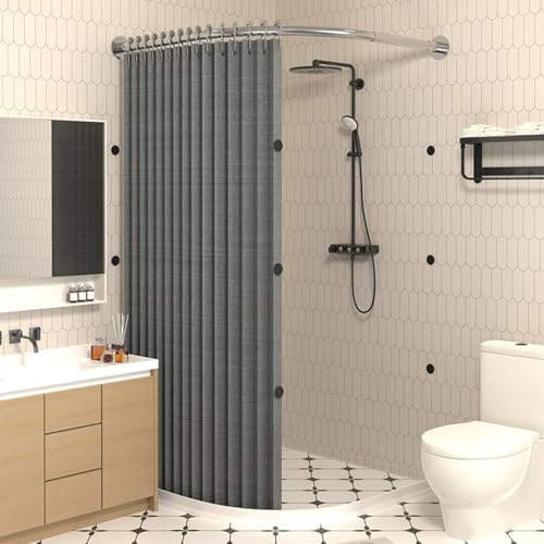 zenggp Juego De Cortina De Ducha Curva, con Barra De Cortina De Ducha Y Tira De Retención De Agua, Diseño De Succión Magnética E Impermeable, para Baños Pequeños(X（70-85）× Y（85-90）,Gray + Silver)