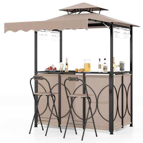 COSTWAY Tonnelle de Barbecue 3 Pcs Extérieur avec 2 Chaises Pliables Auvent, Ensemble de Bar de Jardin à Double Toit avec Table de Bar Étagères de Rangement en Métal, pour Jardin Cour (Marron)