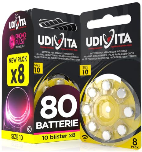 80 Pilas para Audífonos Tamaño 10 Amarillas PR70 Udivita Zinc Aire Tensión Estable Larga Duración Compatibles con Todos los Dispositivos - 10 Blister de 8 Pilas