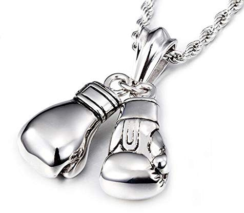 Qiaonitu Gioielli da uomo vintage in acciaio inossidabile 316L guantoni da boxe collana con catena a corda intrecciata da 61 cm (argento)