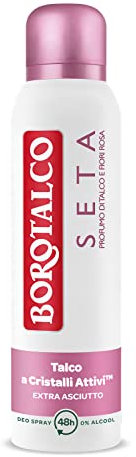 Borotalco, Deodorante Spray Seta, Formula Senza Alcool e con Talco a Cristalli Attivi, Tripla Protezione Asciutta, Profumo di Talco e Fiori Rosa, 48h di Efficacia - 1 Flacone da 150 ml