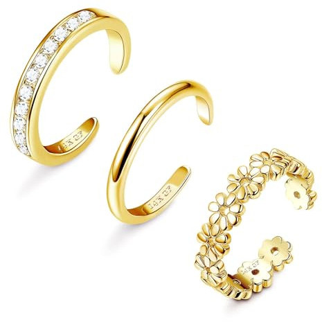 Jstyle 3PCS 14K Gold Filled Toe Rings for Women Adjustable Gold Toe Ring Set Open Band Simple CZ Daisy Flower Toe Rings Hawaiian Summer Beach Foot Jewelry for Women Style A