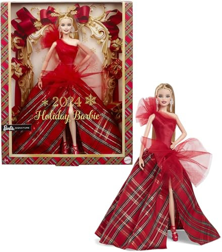 Barbie Poupée Signature, 2024 Holiday Blonde Fashion Doll Portant Une Robe avec Une Jupe à Carreaux, Cadeau de Collection saisonnier dans Un Emballage présentable, HRM65