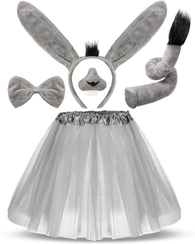 Geyoga 5 Pcs Carnival Donkey Animal Costume Set Ear Headband Nose Bow Tie Tail Tutu Skirt Cosplay Kit Accessories for Girl